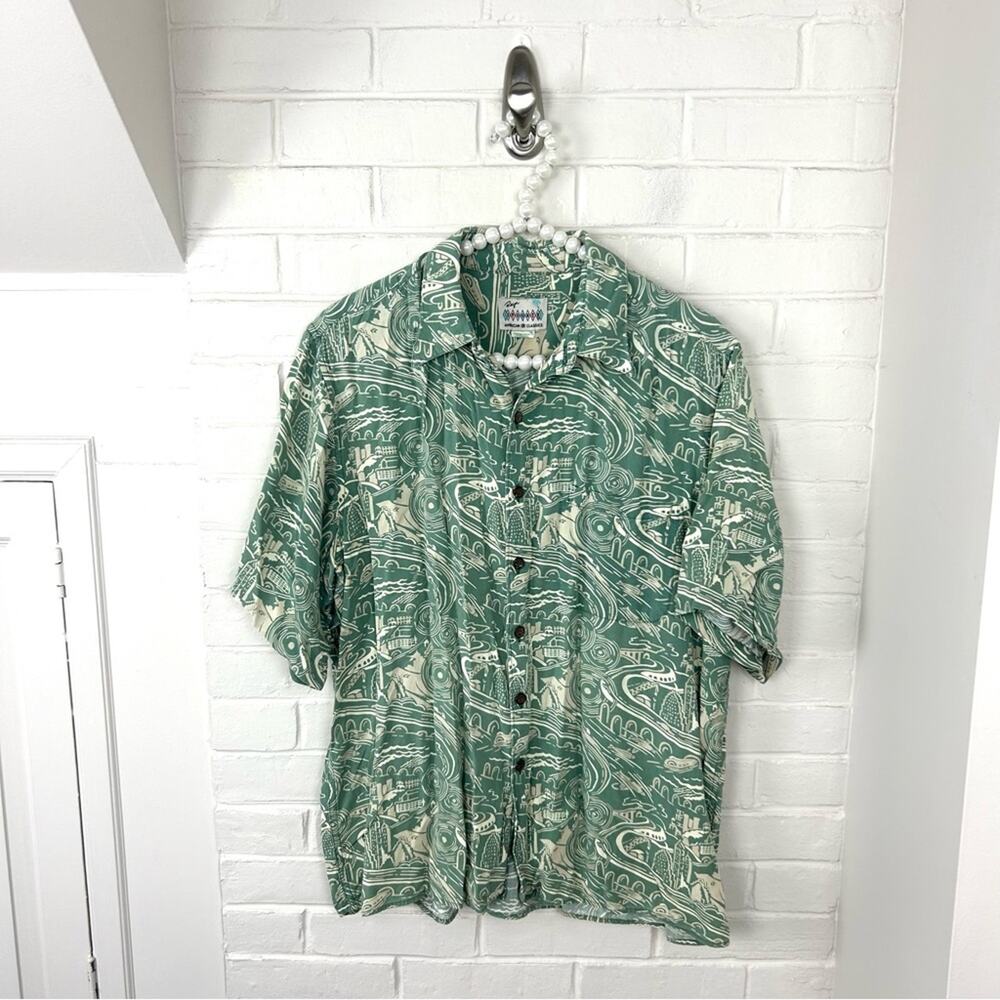 Vintage Reyn Spooner Green Transportation Cityscape Hawaiian Button Down Shirt